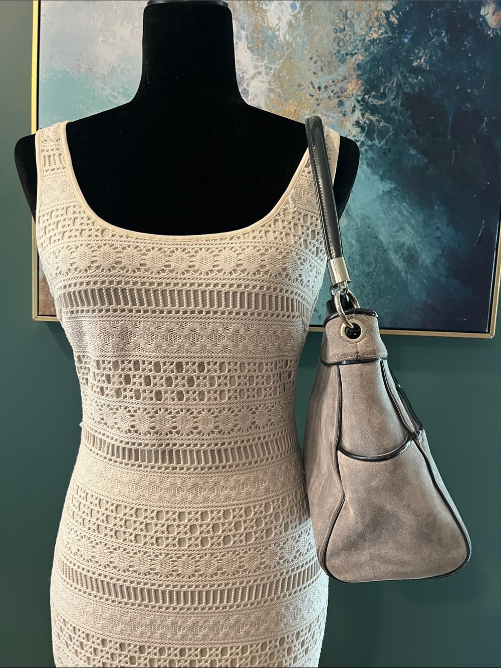 Beijo Gray Suede Shoulder Bag with Black Handle - Picture 2 of 13